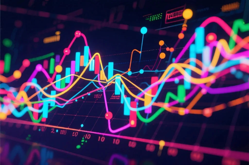 一张充满活力的抽象折线图，展示了随时间波动的各种数据点和相互连接的线条，代表了一个通用的‘走势图’