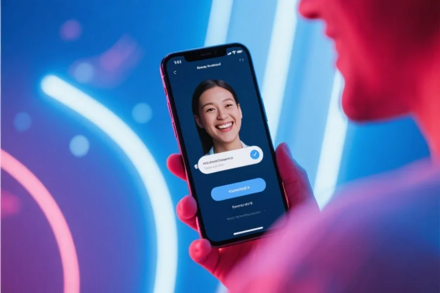 智能手机屏幕弹出推送通知，用户微笑点击确认，画面明亮且充满科技感