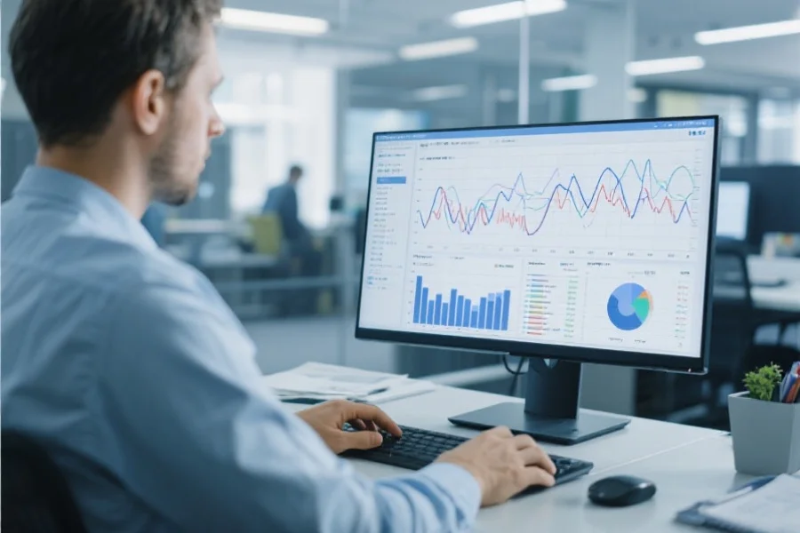 分析师正在用电脑研究澳洲幸运8走势图，屏幕上显示复杂的数据曲线和统计图，环境为现代办公室