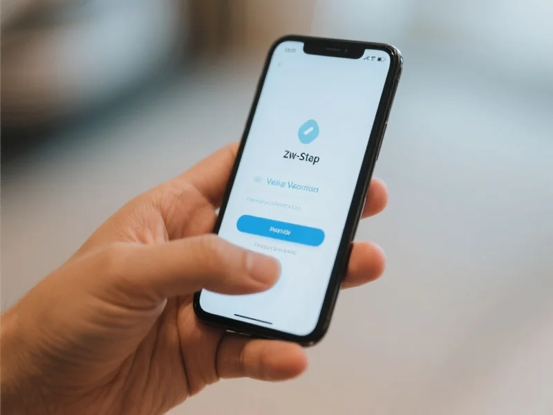 一只手正在手机上操作，屏幕显示两步验证的界面，背景模糊突出主体